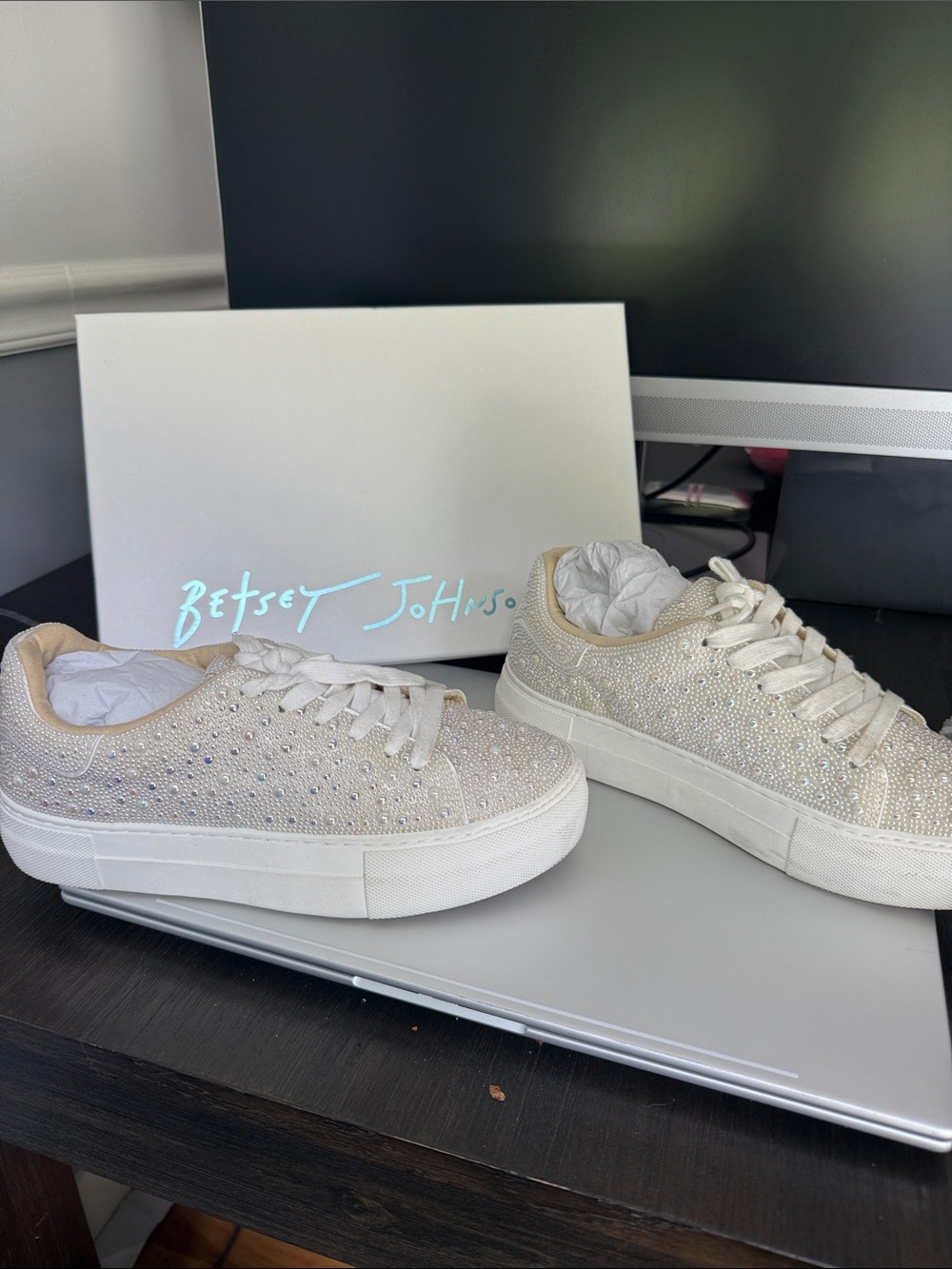 Betsey Johnson Ivory Sparkle Platform Sneakers